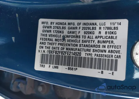 2015 Honda Civic Ex from USA, damaged, VIN 19XFB2F82FE214520